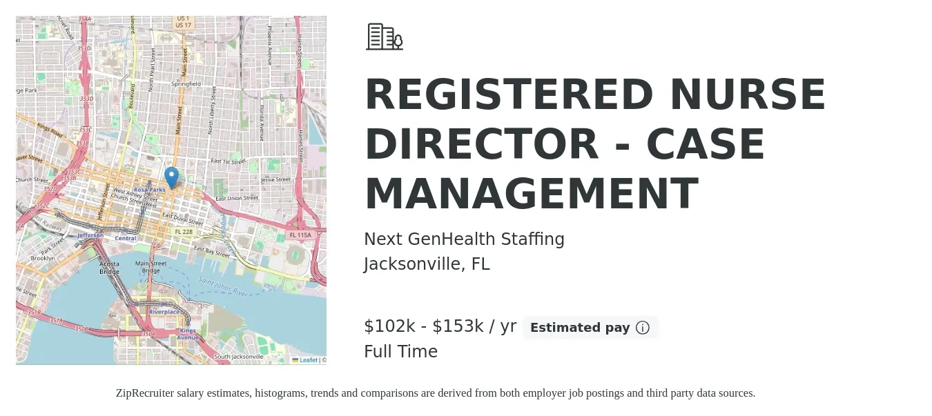 Next GenHealth Staffing job posting for a REGISTERED NURSE DIRECTOR - CASE MANAGEMENT in Jacksonville, FL with a salary of $102,107 to $153,088 Yearly with a map of Jacksonville location.