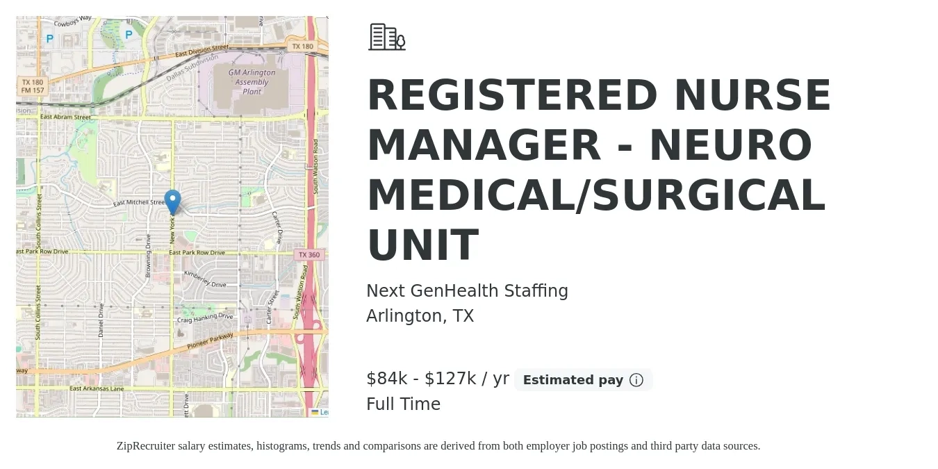 Next GenHealth Staffing job posting for a REGISTERED NURSE MANAGER - NEURO MEDICAL/SURGICAL UNIT in Arlington, TX with a salary of $84,849 to $127,274 Yearly with a map of Arlington location.