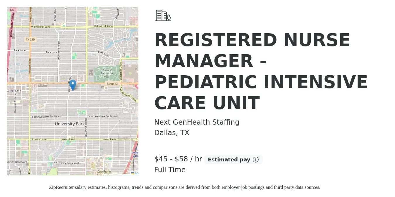 Next GenHealth Staffing job posting for a REGISTERED NURSE MANAGER - PEDIATRIC INTENSIVE CARE UNIT in Dallas, TX with a salary of $48 to $61 Hourly with a map of Dallas location.