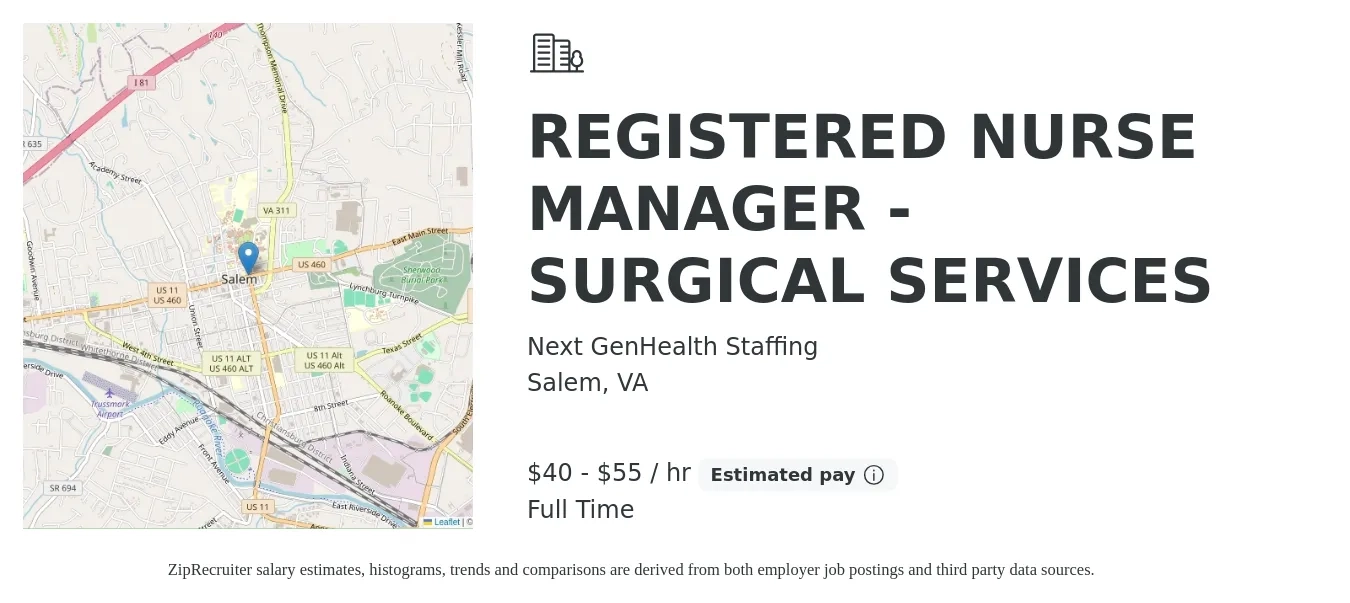 Next GenHealth Staffing job posting for a REGISTERED NURSE MANAGER - SURGICAL SERVICES in Salem, VA with a salary of $43 to $58 Hourly with a map of Salem location.