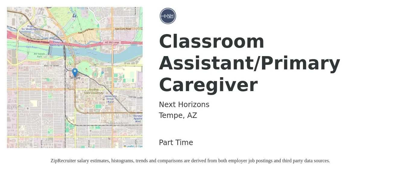 Next Horizons job posting for a Classroom Assistant/Primary Caregiver in Tempe, AZ with a salary of $12 to $13 Hourly with a map of Tempe location.