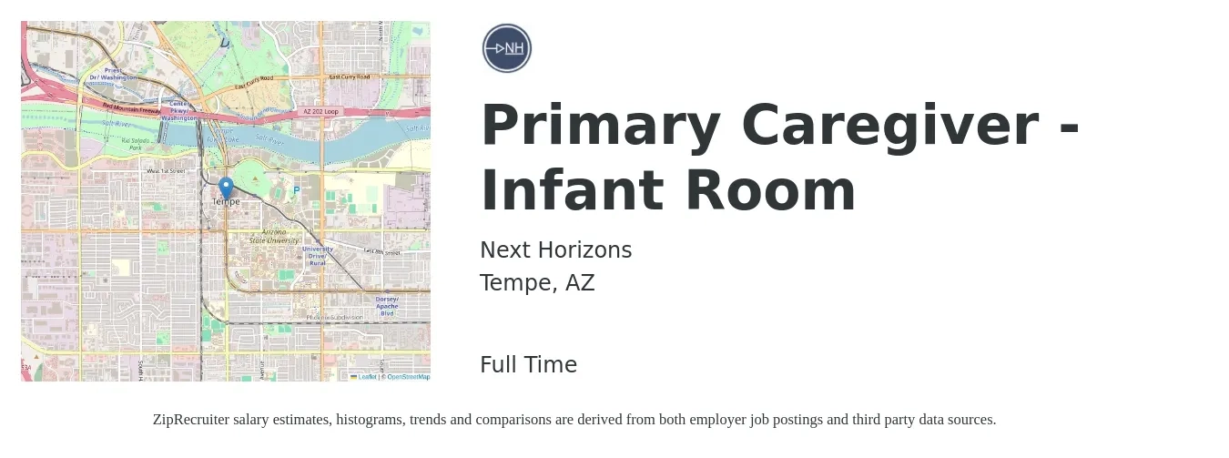 Next Horizons job posting for a Primary Caregiver - Infant Room in Tempe, AZ with a salary of $13 to $16 Hourly with a map of Tempe location.