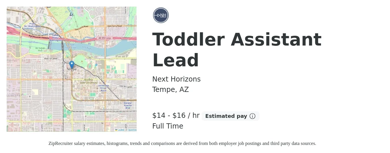 Next Horizons job posting for a Toddler Assistant Lead in Tempe, AZ with a salary of $15 to $17 Hourly with a map of Tempe location.