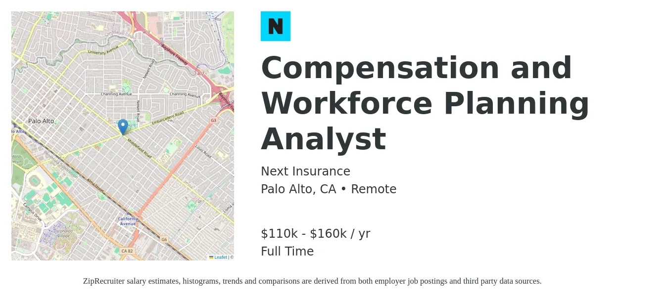 Next Insurance job posting for a Compensation and Workforce Planning Analyst in Palo Alto, CA with a salary of $110,000 to $160,000 Yearly with a map of Palo Alto location.