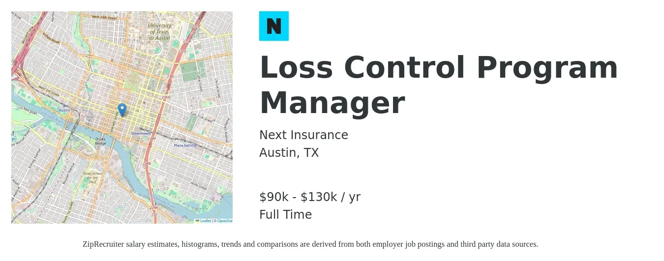 Next Insurance job posting for a Loss Control Program Manager in Austin, TX with a salary of $90,000 to $130,000 Yearly with a map of Austin location.