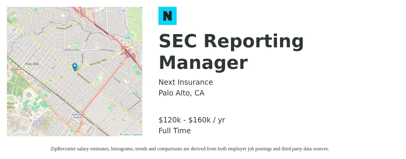 Next Insurance job posting for a SEC Reporting Manager in Palo Alto, CA with a salary of $120,000 to $160,000 Yearly with a map of Palo Alto location.