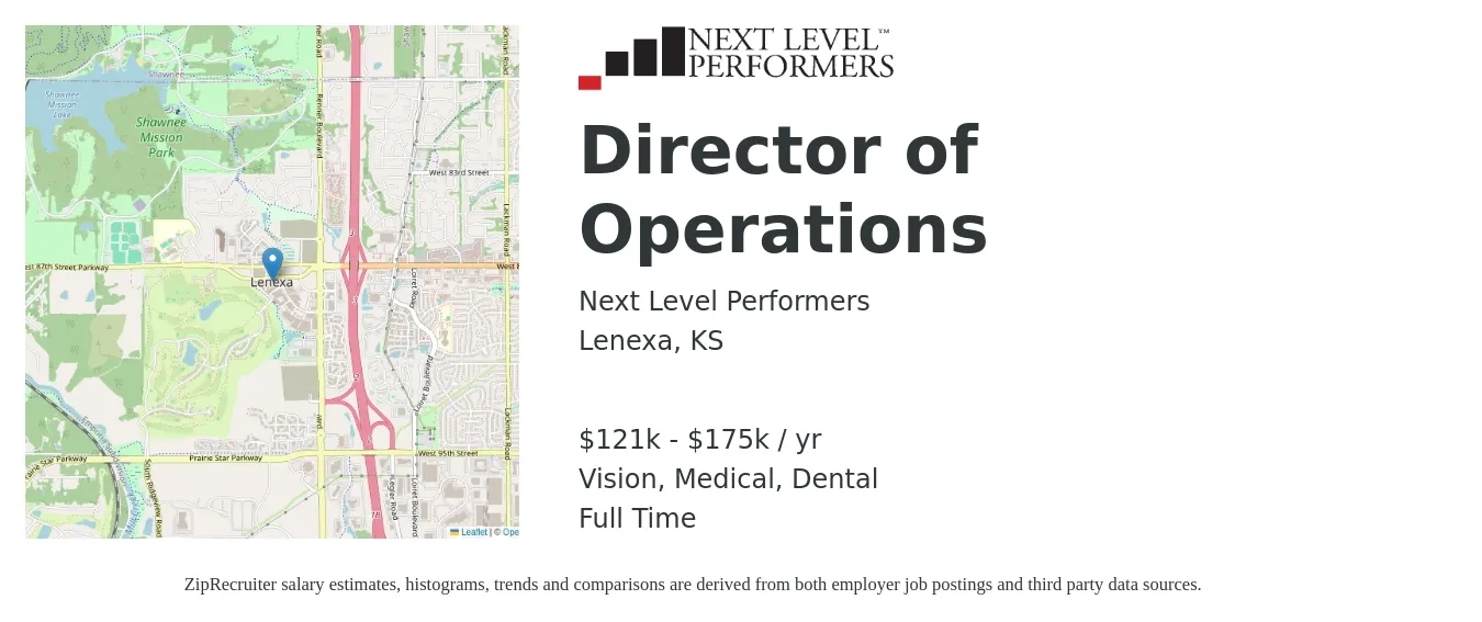 Next Level Performers job posting for a Director of Operations in Lenexa, KS with a salary of $121,000 to $175,000 Yearly and benefits including life_insurance, medical, retirement, vision, and dental with a map of Lenexa location.
