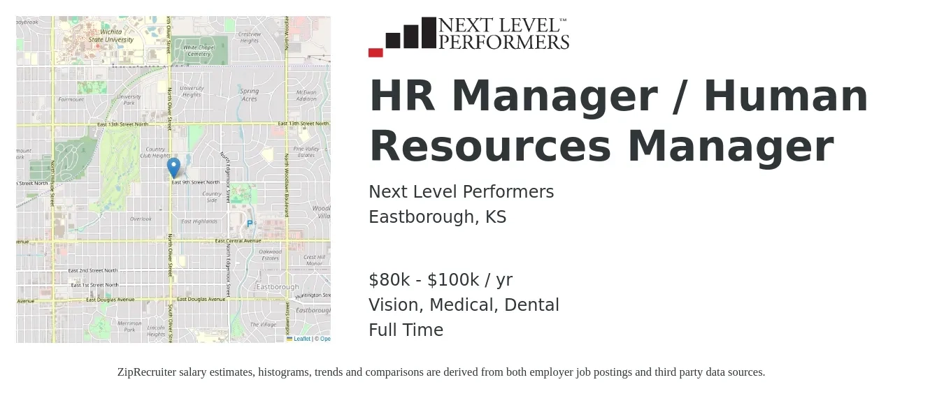 Next Level Performers job posting for a HR Manager / Human Resources Manager in Eastborough, KS with a salary of $80,000 to $100,000 Yearly with a map of Eastborough location.