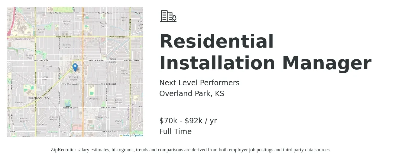 Next Level Performers job posting for a Residential Installation Manager in Overland Park, KS with a salary of $70,000 to $92,000 Yearly with a map of Overland Park location.