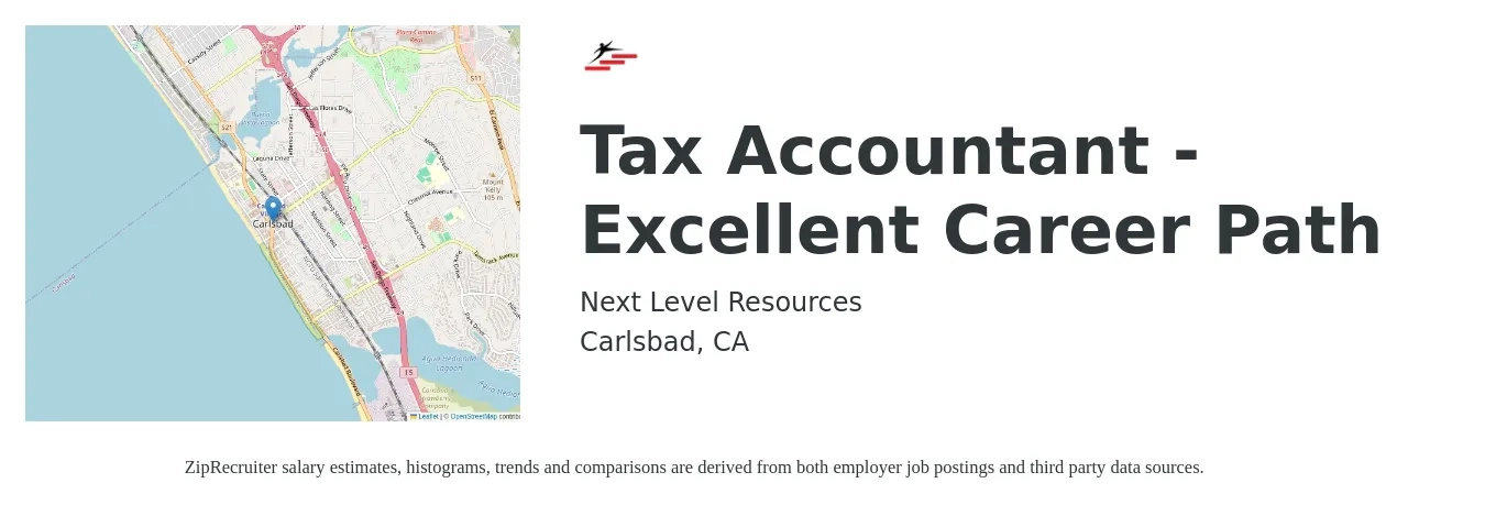 Next Level Resources job posting for a Tax Accountant - Excellent Career Path in Carlsbad, CA with a salary of $67,500 to $96,800 Yearly with a map of Carlsbad location.