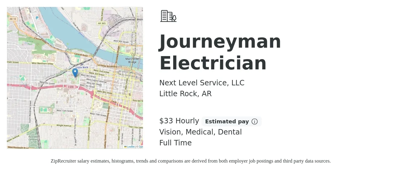 Next Level Service, LLC job posting for a Journeyman Electrician in Little Rock, AR with a salary of $35 Hourly and benefits including retirement, vision, dental, life_insurance, medical, and pto with a map of Little Rock location.