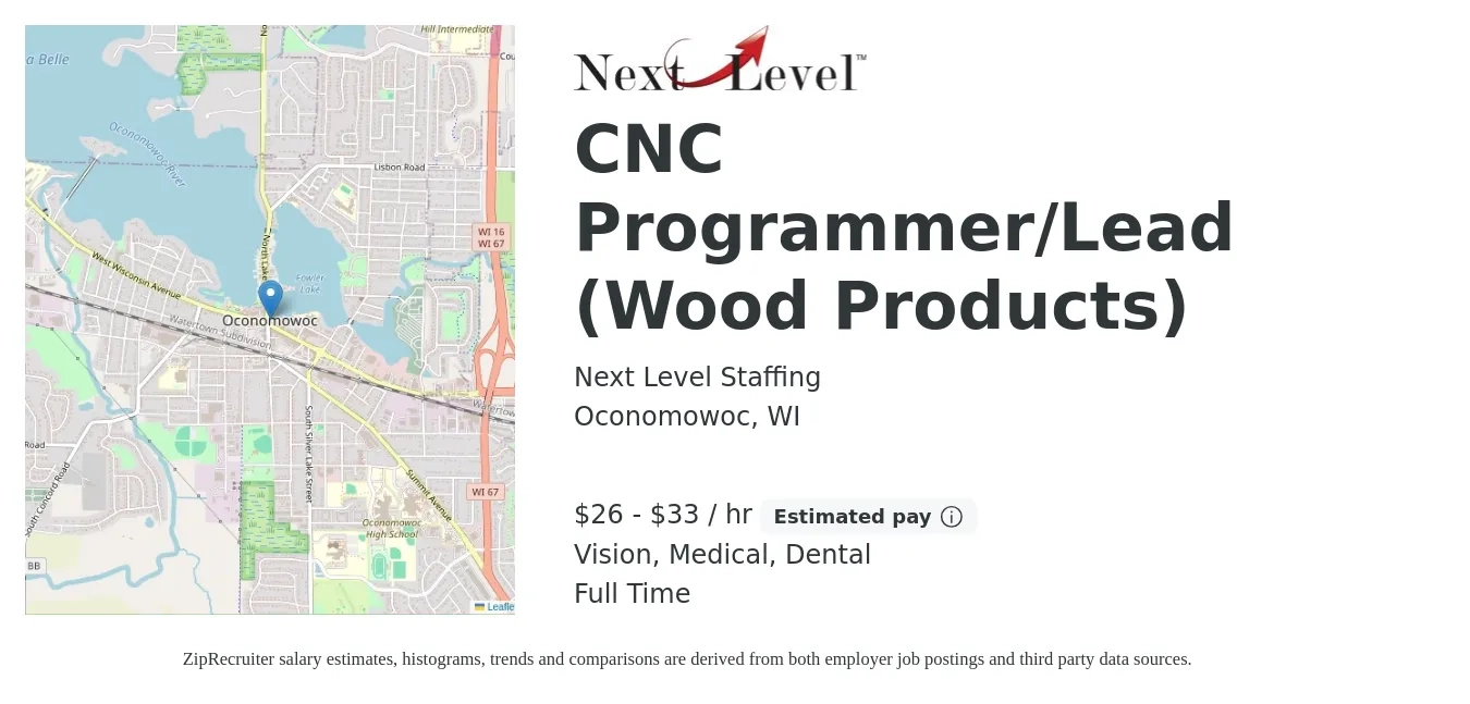 Next Level Staffing job posting for a CNC Programmer/Lead (Wood Products) in Oconomowoc, WI with a salary of $28 to $35 Hourly and benefits including medical, vision, and dental with a map of Oconomowoc location.