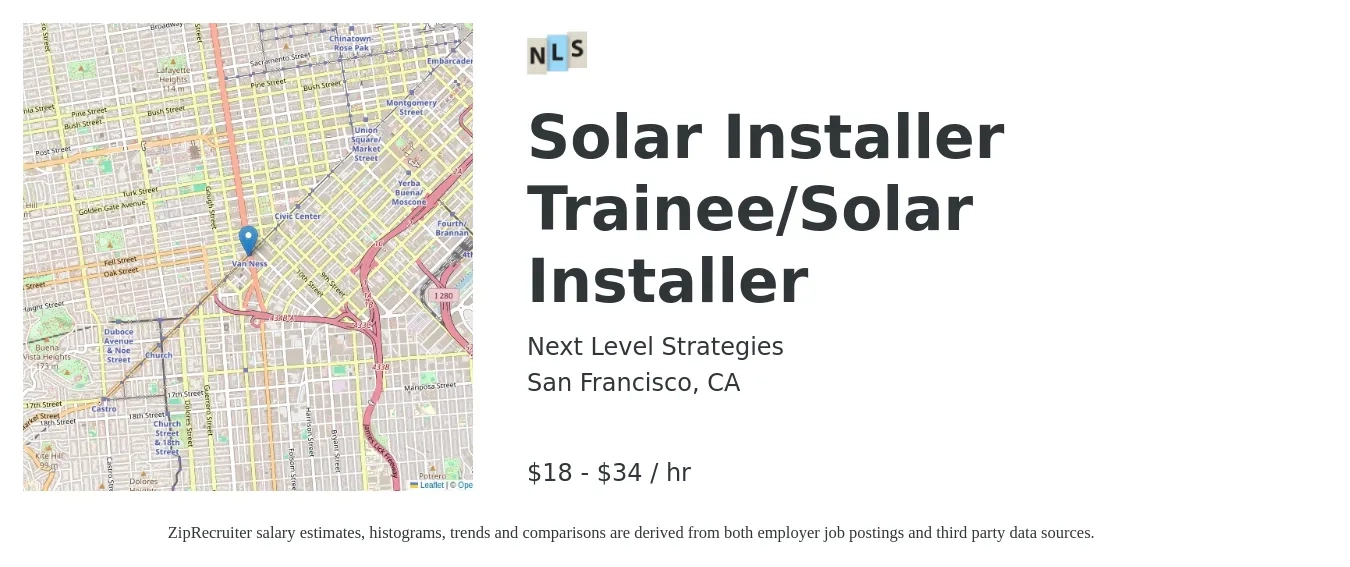 Next Level Strategies job posting for a Solar Installer Trainee/Solar Installer in San Francisco, CA with a salary of $19 to $36 Hourly with a map of San Francisco location.