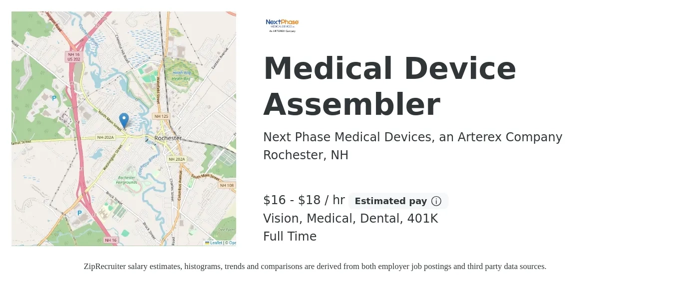 Next Phase Medical Devices, an Arterex Company job posting for a Medical Device Assembler in Rochester, NH with a salary of $17 to $19 Hourly and benefits including 401k, dental, life_insurance, medical, and vision with a map of Rochester location.