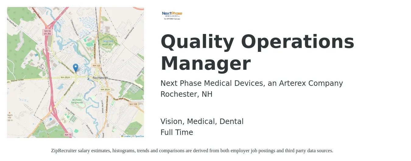 Next Phase Medical Devices, an Arterex Company job posting for a Quality Operations Manager in Rochester, NH with a salary of $69,000 to $107,700 Yearly and benefits including medical, pto, vision, dental, and life_insurance with a map of Rochester location.