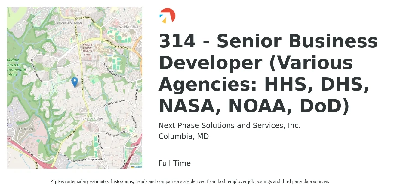 Next Phase Solutions and Services, Inc. job posting for a 314 - Senior Business Developer (Various Agencies: HHS, DHS, NASA, NOAA, DoD) in Columbia, MD with a salary of $78,400 to $132,000 Yearly with a map of Columbia location.