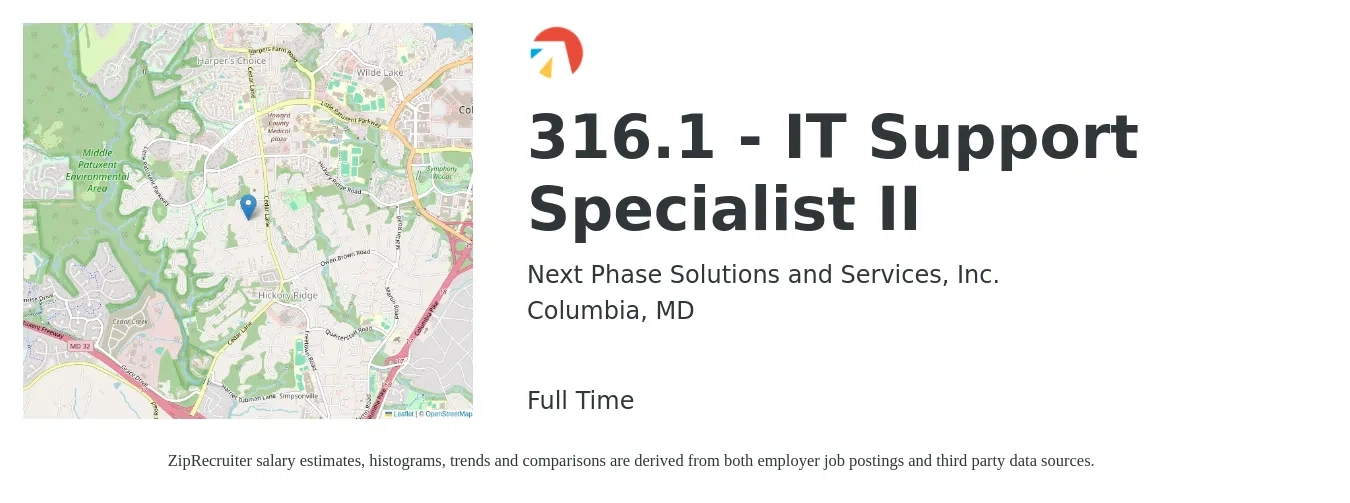 Next Phase Solutions and Services, Inc. job posting for a 316.1 - IT Support Specialist II in Columbia, MD with a salary of $45,300 to $91,500 Yearly with a map of Columbia location.