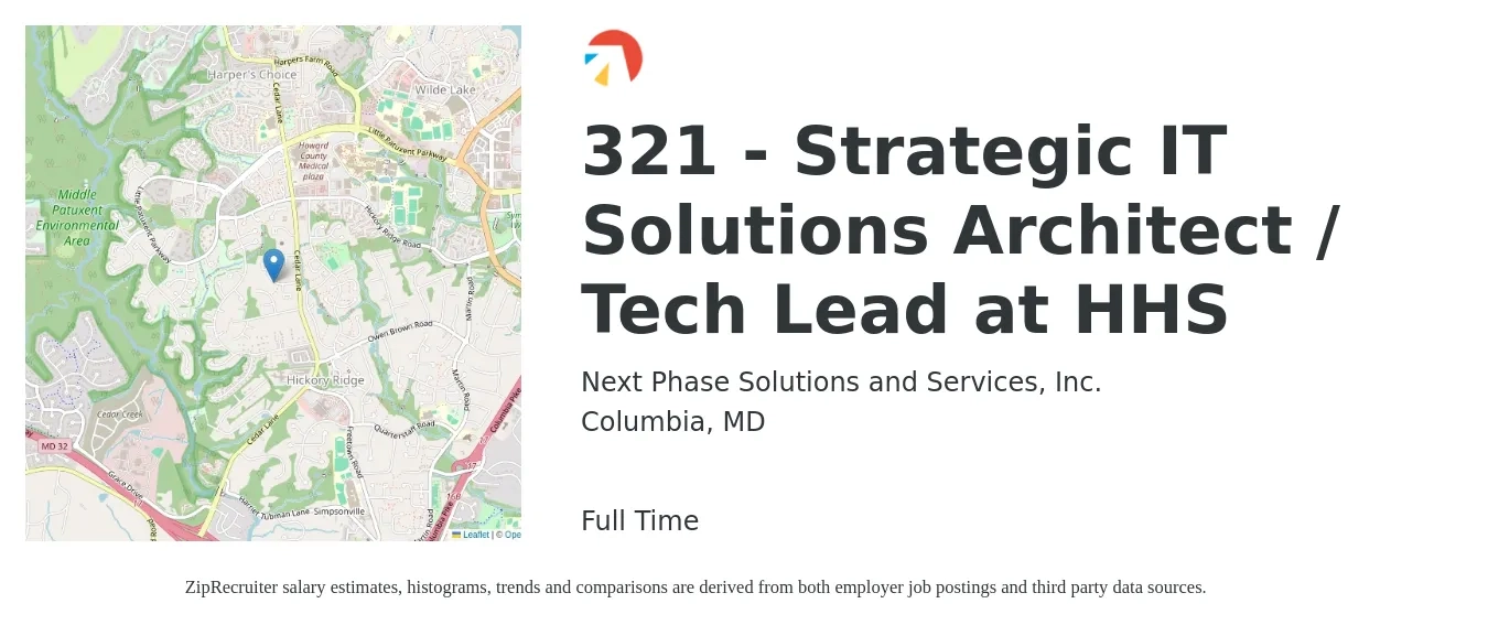 Next Phase Solutions and Services, Inc. job posting for a 321 - Strategic IT Solutions Architect / Tech Lead at HHS in Columbia, MD with a salary of $121,700 to $167,000 Yearly with a map of Columbia location.