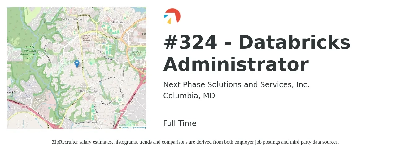 Next Phase Solutions and Services, Inc. job posting for a 324 - Databricks Administrator in Columbia, MD with a salary of $31 to $51 Hourly with a map of Columbia location.
