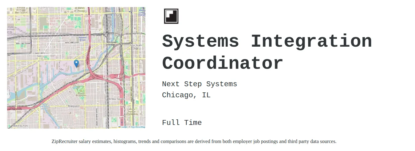 Next Step Systems job posting for a Systems Integration Coordinator in Chicago, IL with a salary of $56,700 to $93,700 Annually and benefits including Medical, PTO, and Retirement with a map of Chicago location.