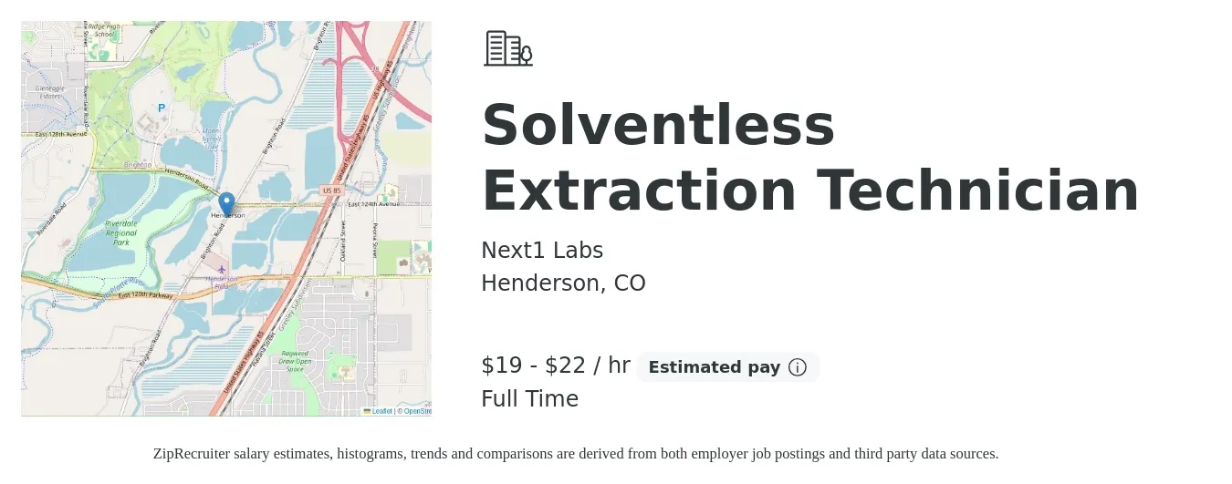 Next1 Labs job posting for a Solventless Extraction Technician in Henderson, CO with a salary of $20 to $23 Hourly with a map of Henderson location.