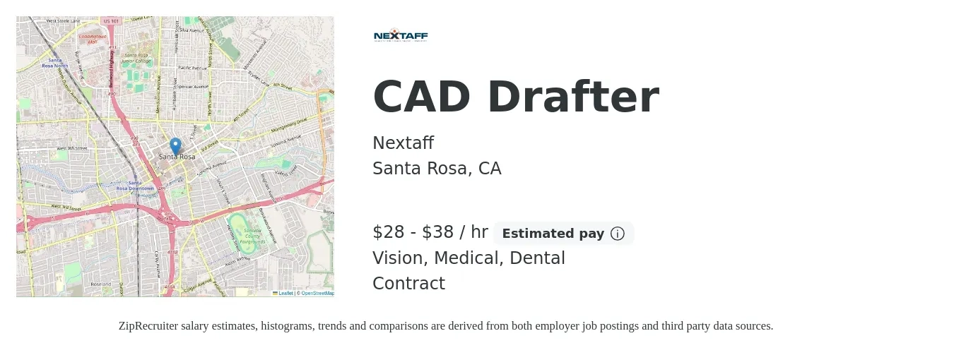 Nextaff job posting for a CAD Drafter in Santa Rosa, CA with a salary of $30 to $40 Hourly and benefits including medical, vision, and dental with a map of Santa Rosa location.