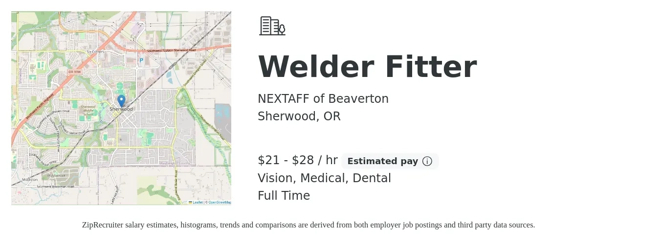 NEXTAFF of Beaverton job posting for a Welder Fitter in Sherwood, OR with a salary of $22 to $30 Hourly and benefits including medical, vision, and dental with a map of Sherwood location.