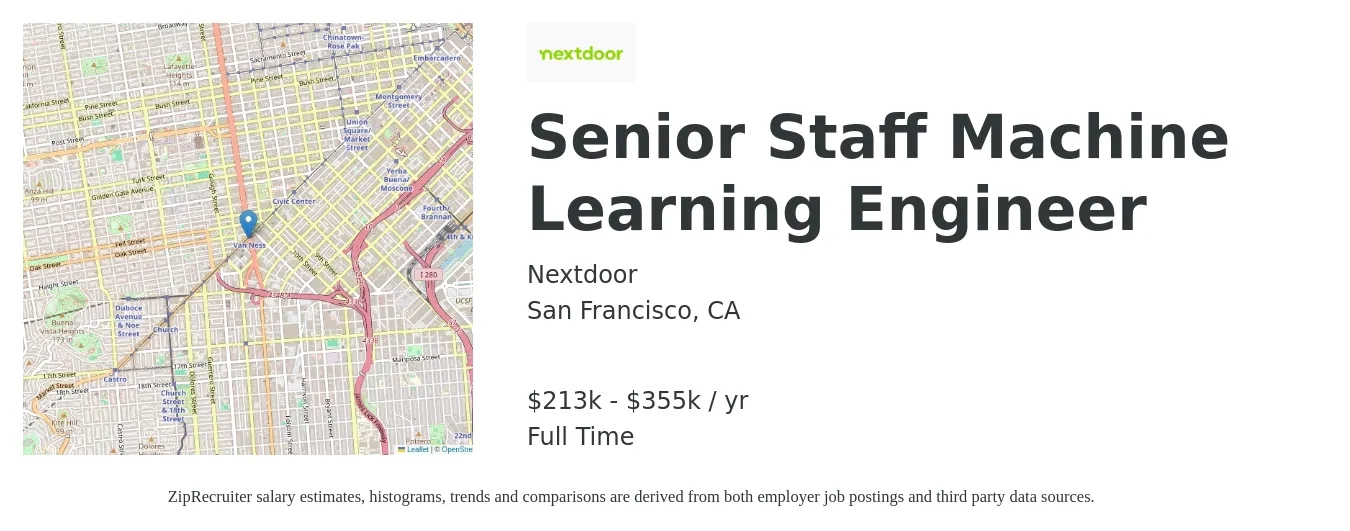 Nextdoor job posting for a Senior Staff Machine Learning Engineer in San Francisco, CA with a salary of $213,500 to $355,000 Yearly with a map of San Francisco location.