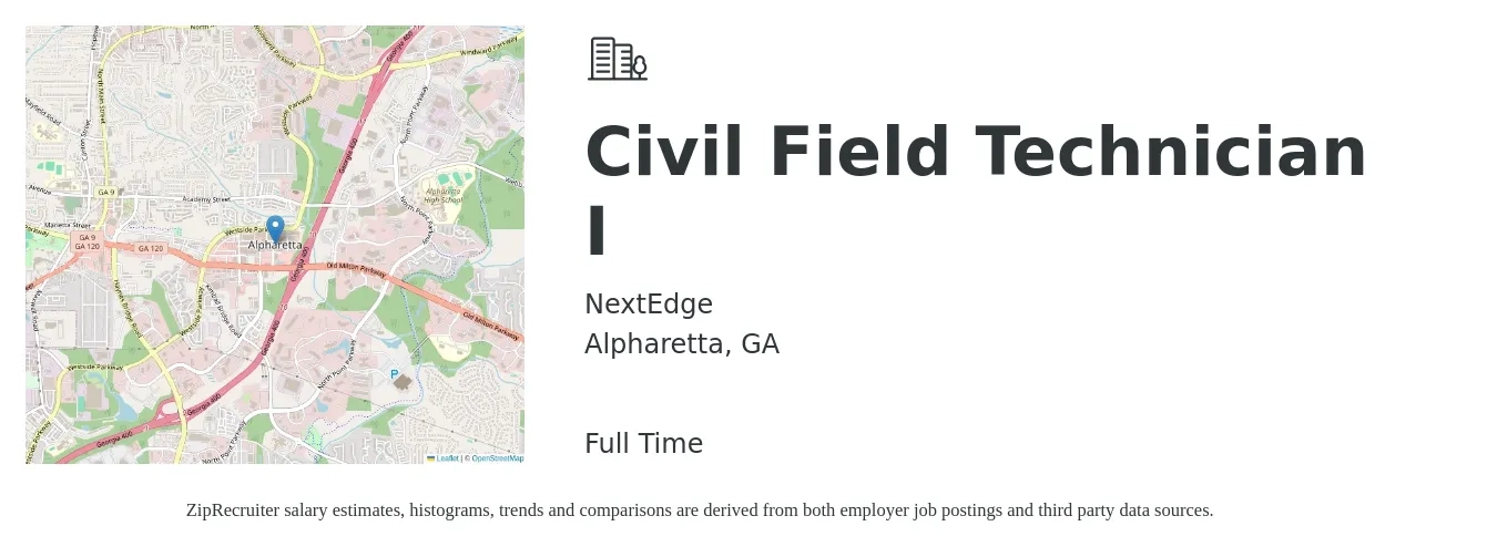 NextEdge job posting for a Civil Field Technician I in Alpharetta, GA with a salary of $19 to $26 Hourly with a map of Alpharetta location.