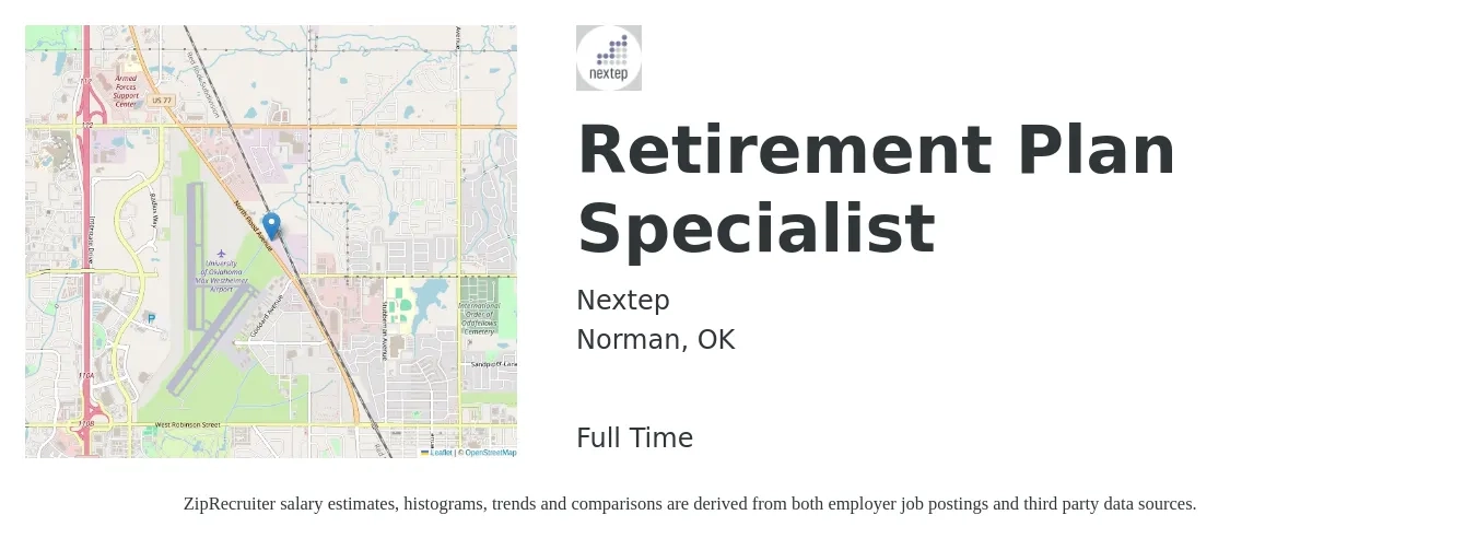 Nextep job posting for a Retirement Plan Specialist in Norman, OK with a salary of $48,000 to $74,300 Yearly with a map of Norman location.