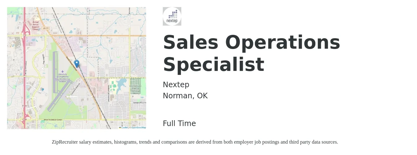 Nextep job posting for a Sales Operations Specialist in Norman, OK with a salary of $23 to $29 Hourly with a map of Norman location.