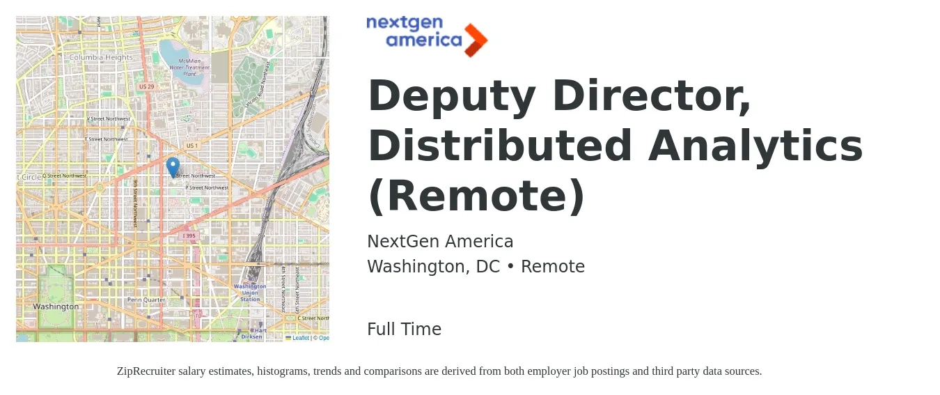NextGen America job posting for a Deputy Director, Distributed Analytics (Remote) in Washington, DC with a salary of $85,000 to $100,000 Yearly with a map of Washington location.