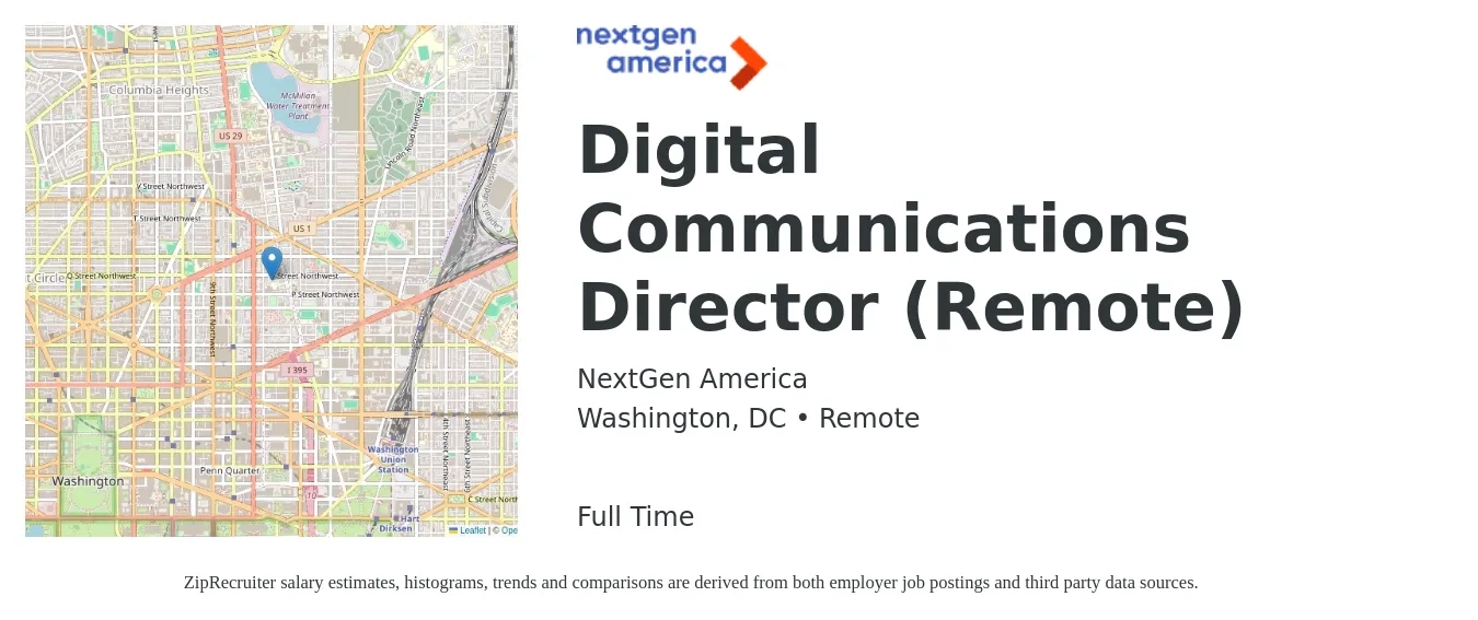 NextGen America job posting for a Digital Communications Director (Remote) in Washington, DC with a salary of $98,000 to $117,000 Yearly with a map of Washington location.