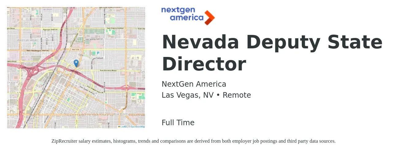 NextGen America job posting for a Nevada Deputy State Director in Las Vegas, NV with a salary of $85,000 Yearly with a map of Las Vegas location.