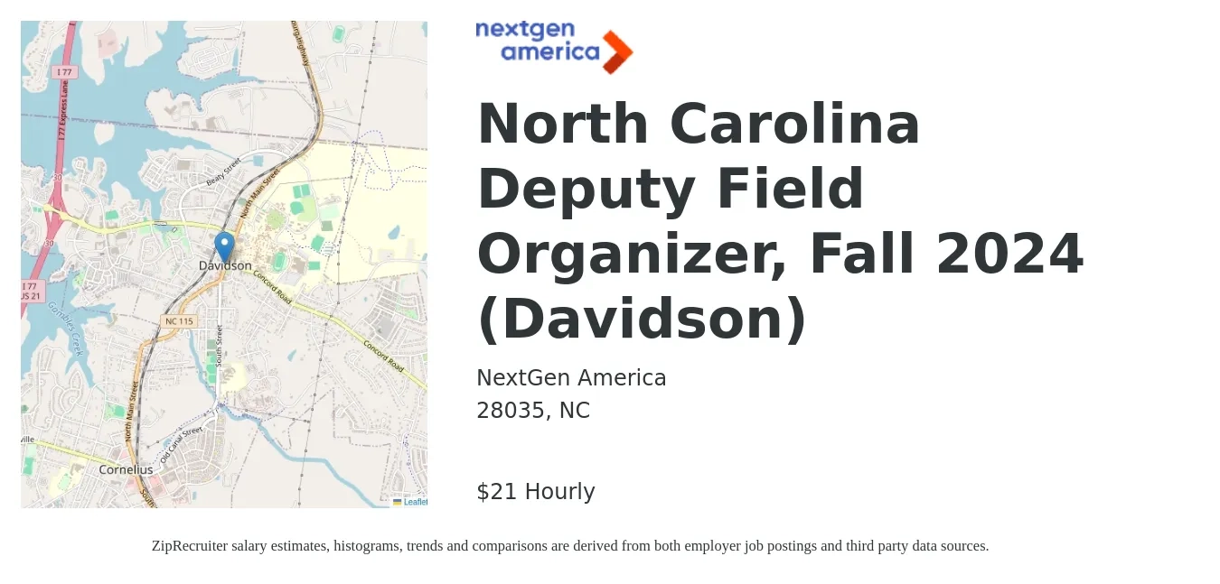 NextGen America job posting for a North Carolina Deputy Field Organizer, Fall 2024 (Davidson) in 28035, NC with a salary of $22 Hourly with a map of 28035 location.