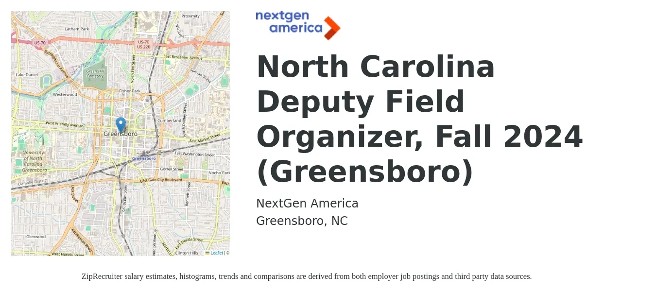 NextGen America job posting for a North Carolina Deputy Field Organizer, Fall 2024 (Greensboro) in Greensboro, NC with a salary of $22 Hourly with a map of Greensboro location.