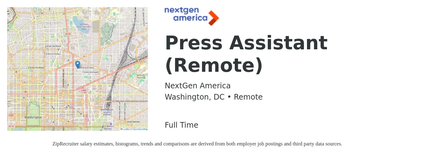 NextGen America job posting for a Press Assistant (Remote) in Washington, DC with a salary of $62,000 to $67,000 Yearly with a map of Washington location.