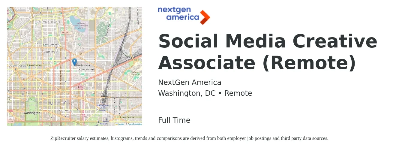 NextGen America job posting for a Social Media Creative Associate (Remote) in Washington, DC with a salary of $62,000 Yearly with a map of Washington location.