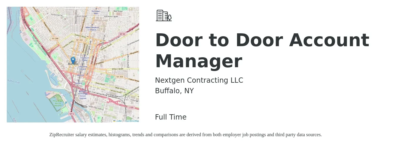 Nextgen Contracting LLC job posting for a Door to Door Account Manager in Buffalo, NY with a salary of $300 to $2,500 Weekly with a map of Buffalo location.