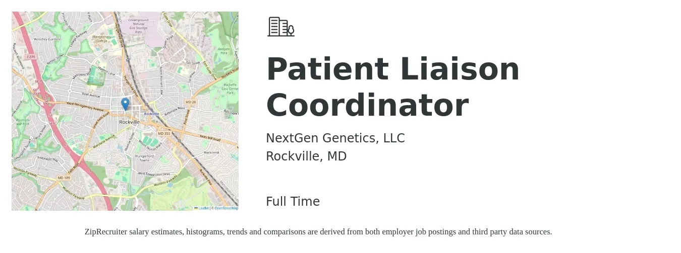 NextGen Genetics, LLC job posting for a Patient Liaison Coordinator in Rockville, MD with a salary of $18 to $24 Hourly with a map of Rockville location.