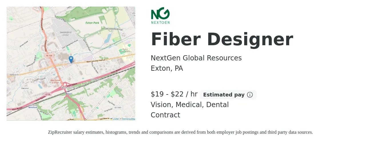 NextGen Global Resources job posting for a Fiber Designer in Exton, PA with a salary of $20 to $23 Hourly and benefits including dental, medical, and vision with a map of Exton location.