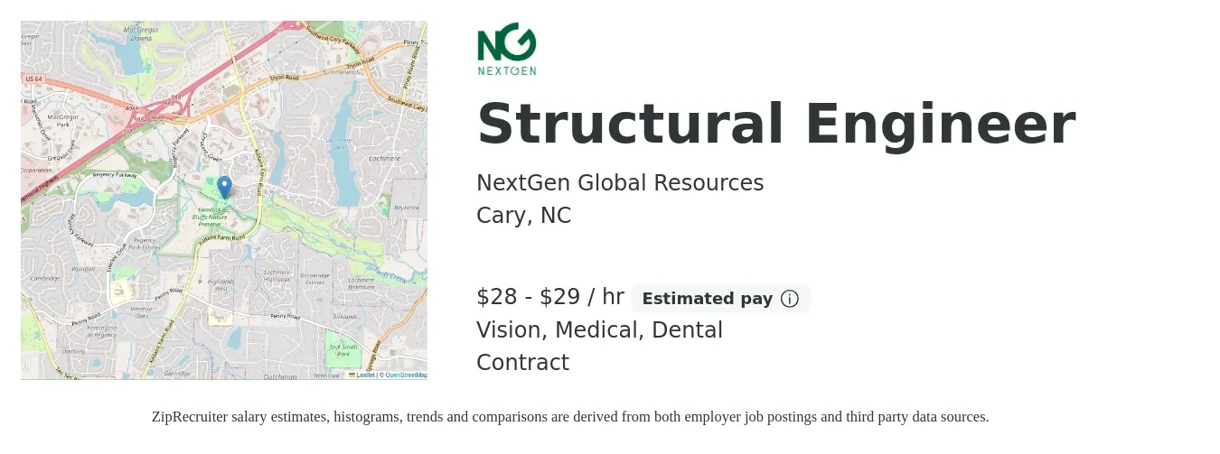 NextGen Global Resources job posting for a Structural Engineer in Cary, NC with a salary of $29 Hourly and benefits including dental, life_insurance, medical, and vision with a map of Cary location.