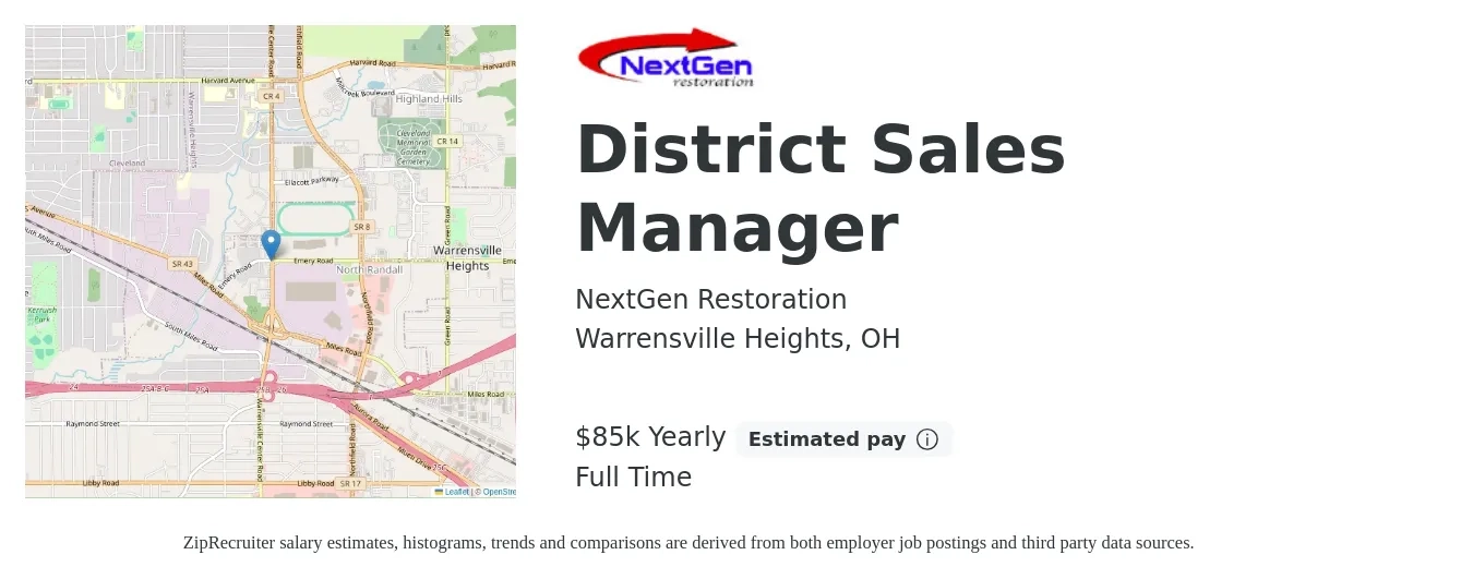 NextGen Restoration job posting for a District Sales Manager in Warrensville Heights, OH with a salary of $250,000 Yearly with a map of Warrensville Heights location.