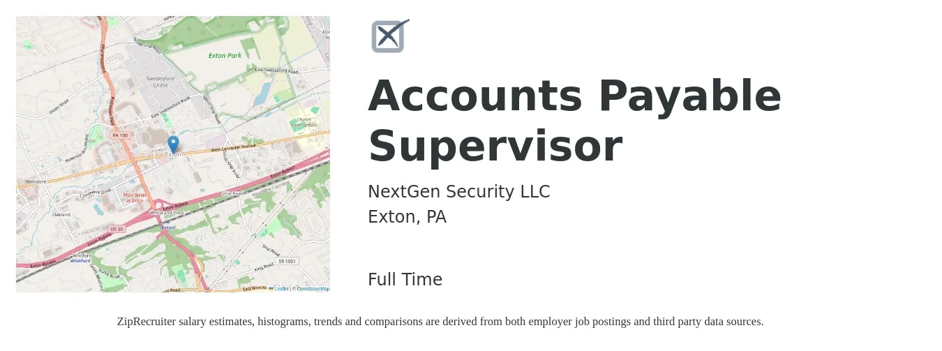 NextGen Security LLC job posting for a Accounts Payable Supervisor in Exton, PA with a salary of $63,200 to $86,900 Yearly with a map of Exton location.