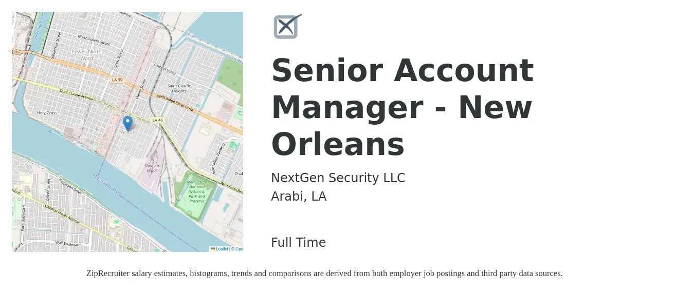 NextGen Security LLC job posting for a Senior Account Manager - New Orleans in Arabi, LA with a salary of $71,100 to $112,000 Yearly with a map of Arabi location.