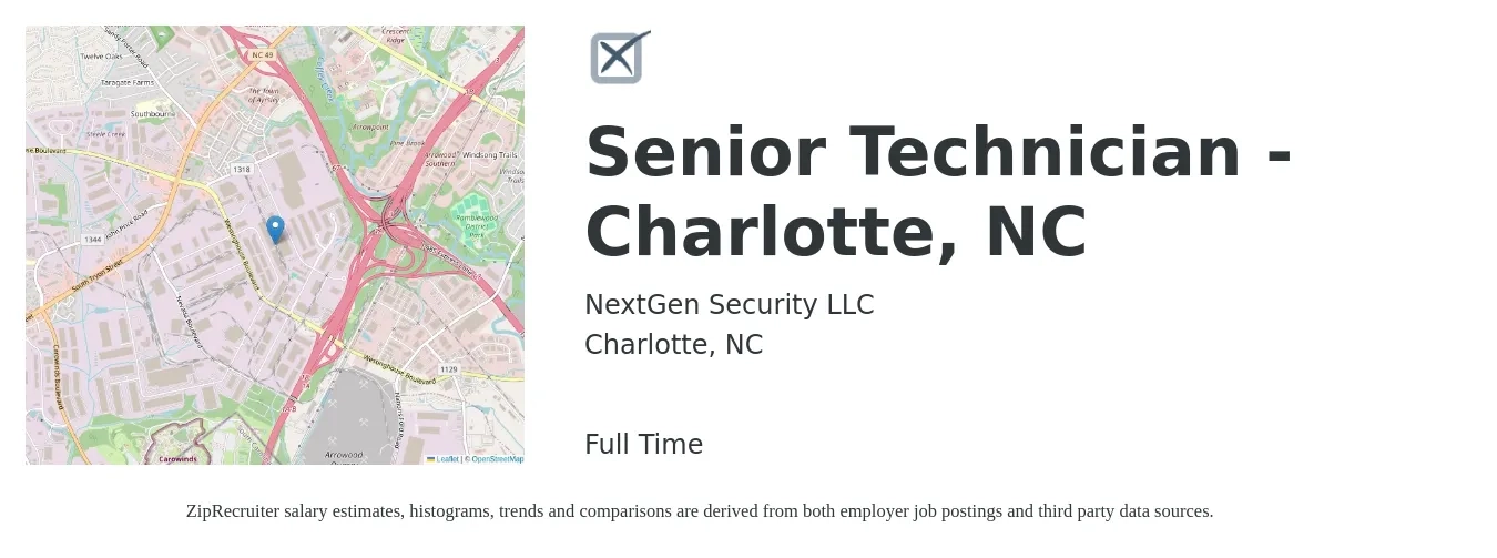 NextGen Security LLC job posting for a Senior Technician - Charlotte, NC in Charlotte, NC with a salary of $22 to $31 Hourly with a map of Charlotte location.