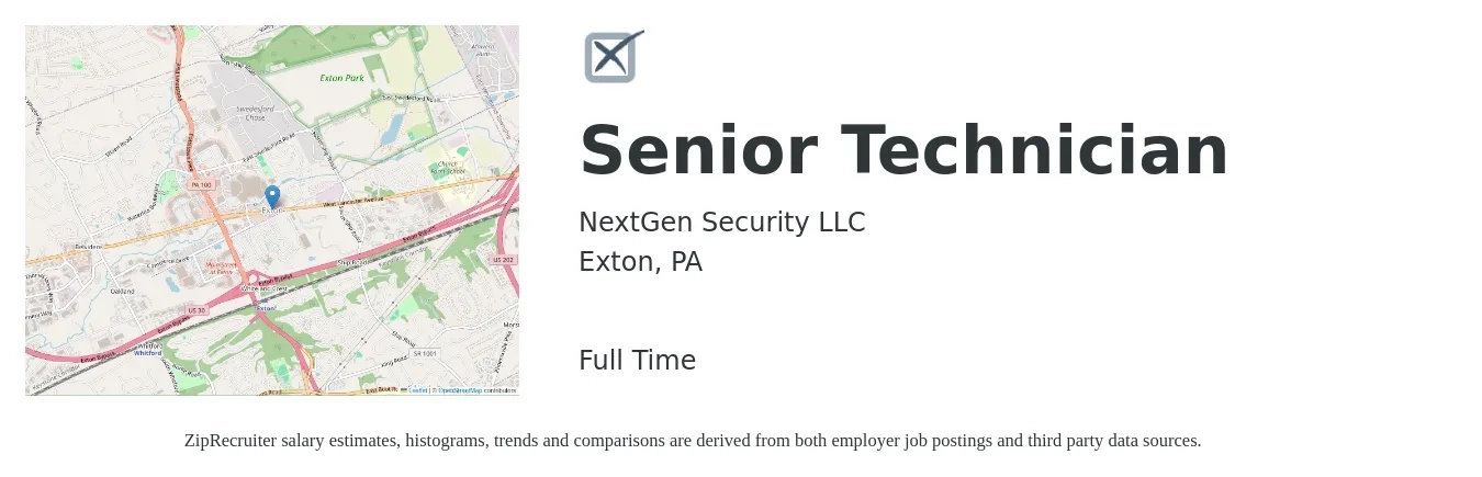 NextGen Security LLC job posting for a Senior Technician in Exton, PA with a salary of $21 to $31 Hourly with a map of Exton location.