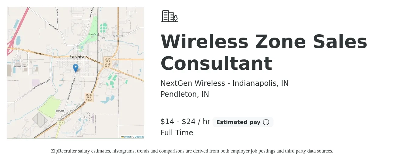 NextGen Wireless - Indianapolis, IN job posting for a Wireless Zone Sales Consultant in Pendleton, IN with a salary of $15 to $25 Hourly with a map of Pendleton location.