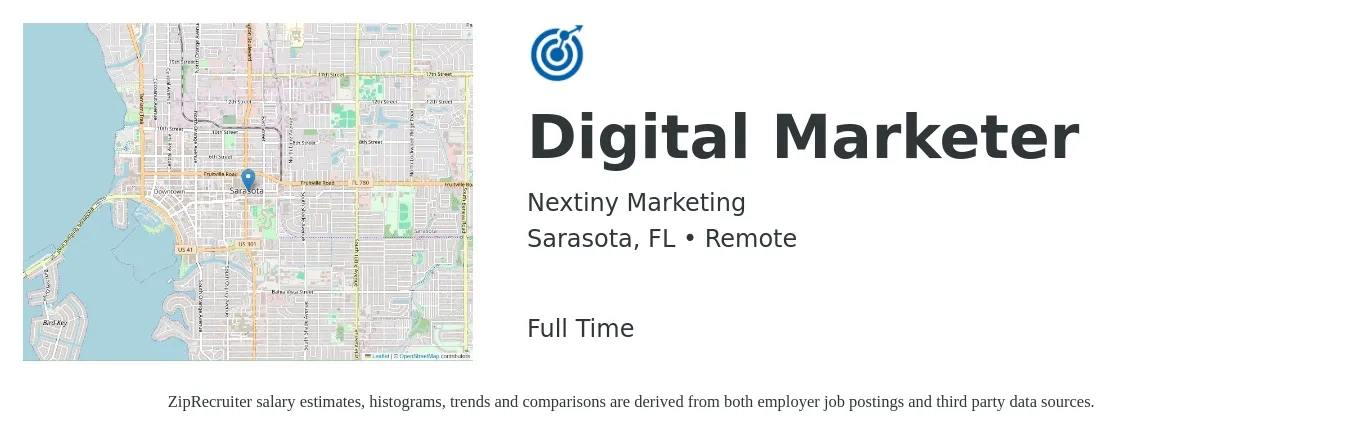 Nextiny Marketing job posting for a Digital Marketer in Sarasota, FL with a salary of $53,000 to $78,600 Yearly with a map of Sarasota location.