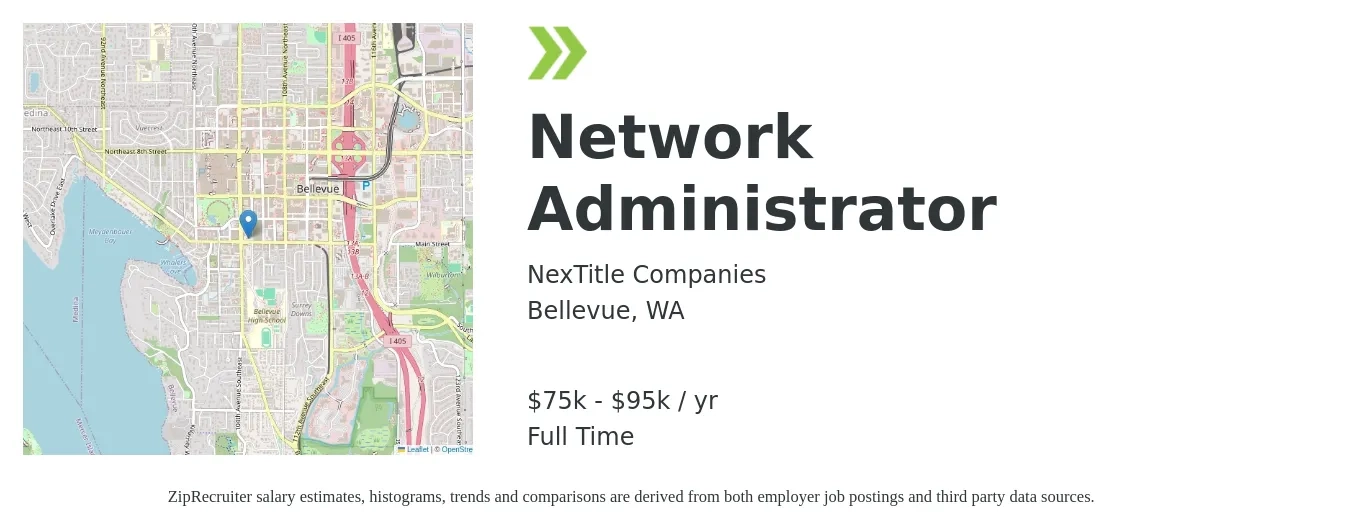 NexTitle Companies job posting for a Network Administrator in Bellevue, WA with a salary of $75,000 to $95,000 Yearly with a map of Bellevue location.